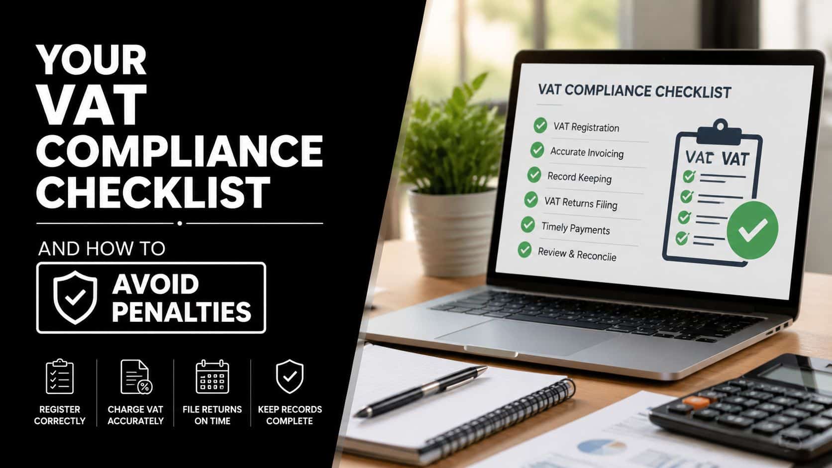 Laptop screen displaying a professional VAT compliance checklist for business tax management and penalty avoidance strategies.