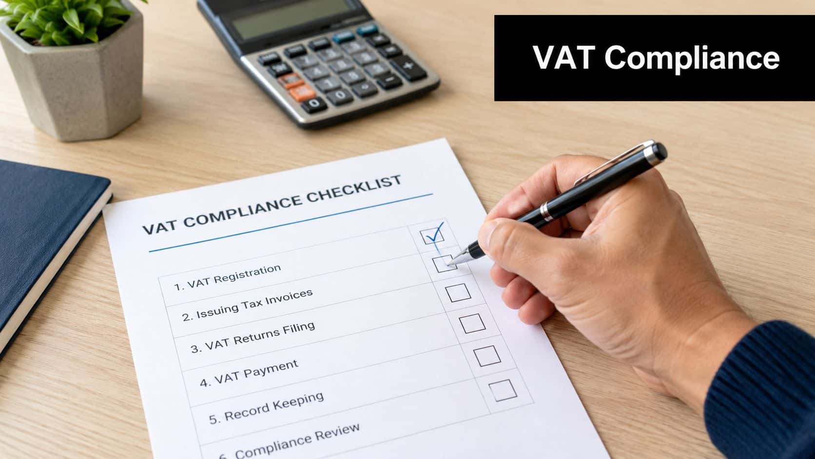 A person using a pen to check off boxes on a printed VAT compliance checklist form.
