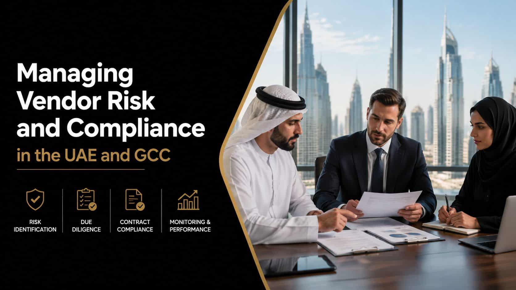 A professional business meeting discussing vendor risk and compliance in the UAE and GCC region.