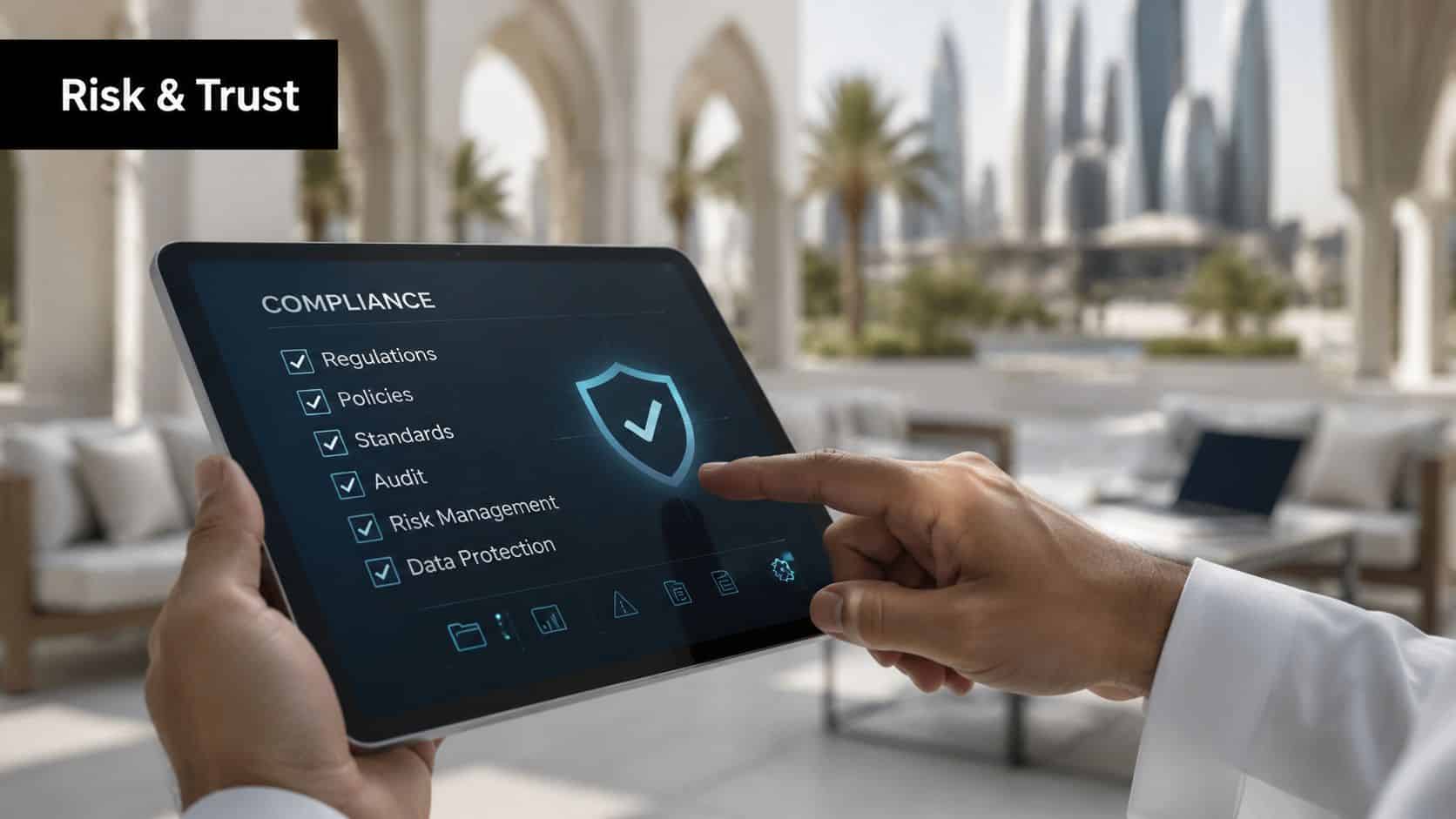 A person holding a digital tablet displaying a compliance checklist menu with various security and management icons.