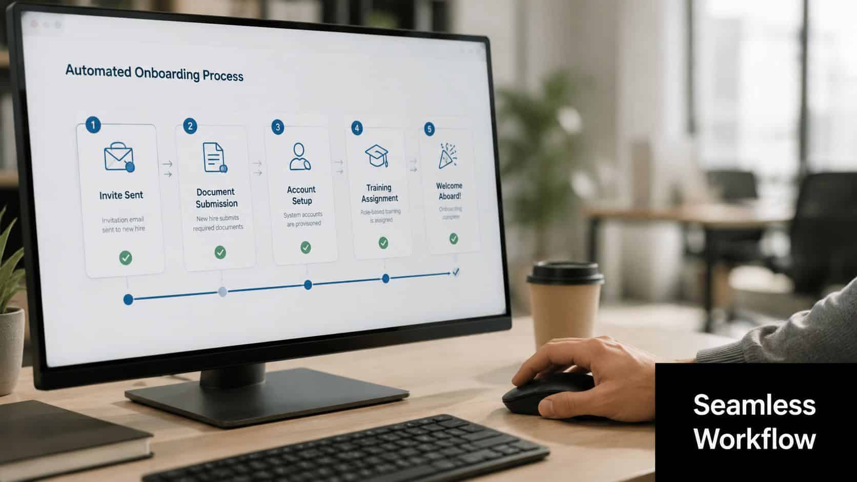 A professional desk workspace with a computer monitor displaying an automated onboarding workflow process diagram.