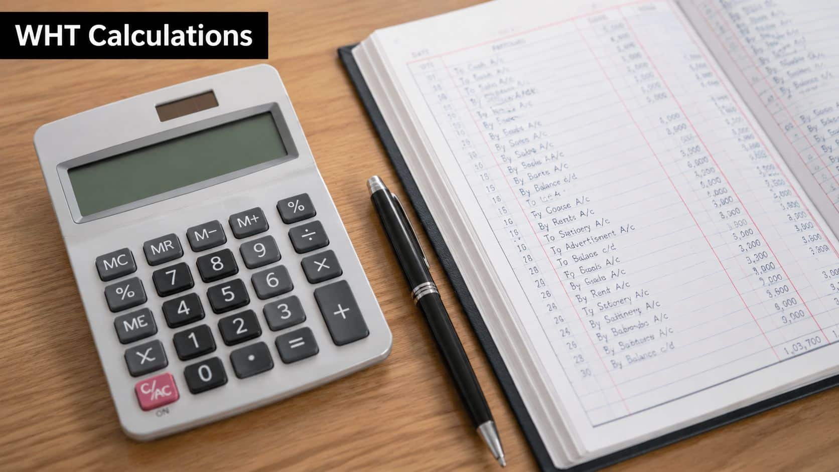 A calculator and pen placed next to an open accounting ledger filled with financial record entries.