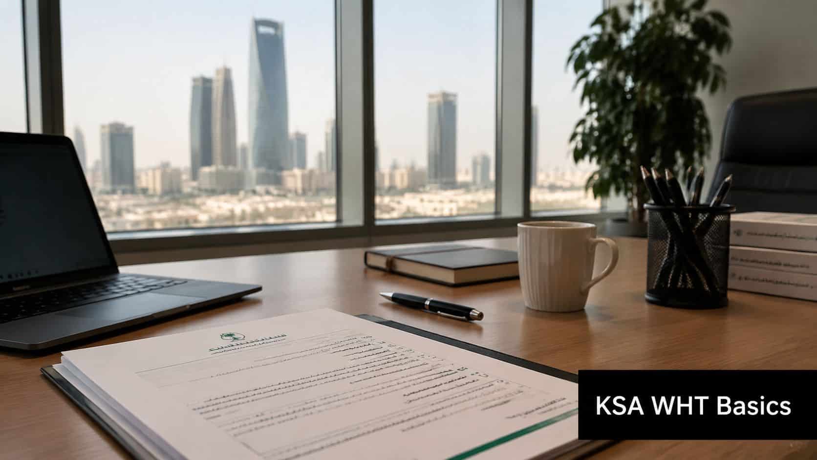A professional office desk with a laptop, documents, and a pen overlooking a city skyline in Riyadh.